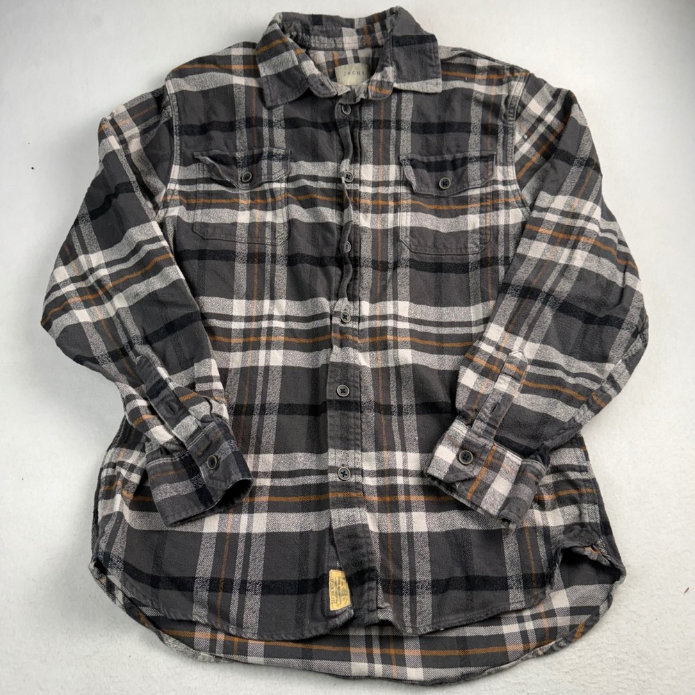 Jachs NY Mens Plaid‎ Flannel Button Down Shirt Grey Orange Medium Chest Pockets